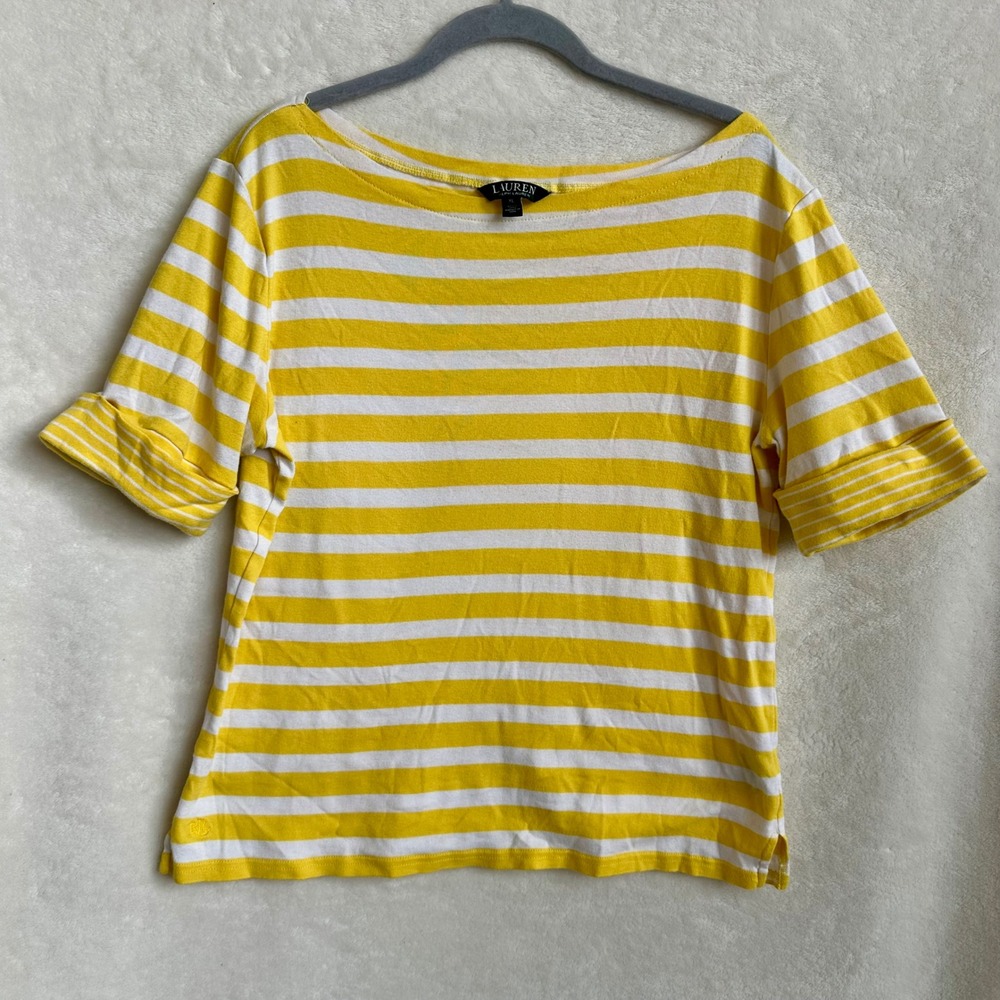 Lauren Ralph Lauren Yellow White Striped Boat Neck T-Shirt Cuffed Sleeve XL